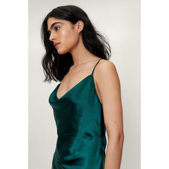 Nasty Gal Cowl Neck Satin Mini Slip Dress Spaghetti Straps Green - Size 12 - Picture 4 of 14
